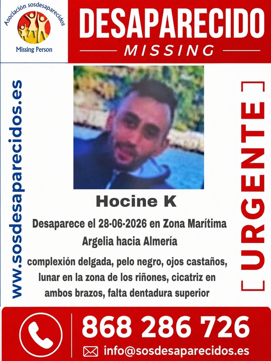 sosdesaparecido's tweet photo. 🆘 DESAPARECIDO
Zona Marítima junto a 14 personas más 
#Desaparecido #Missing #España #sosdesaparecidos #Argelia #Almería 
Síguenos @sosdesaparecido https://t.co/BasyW5nBdu