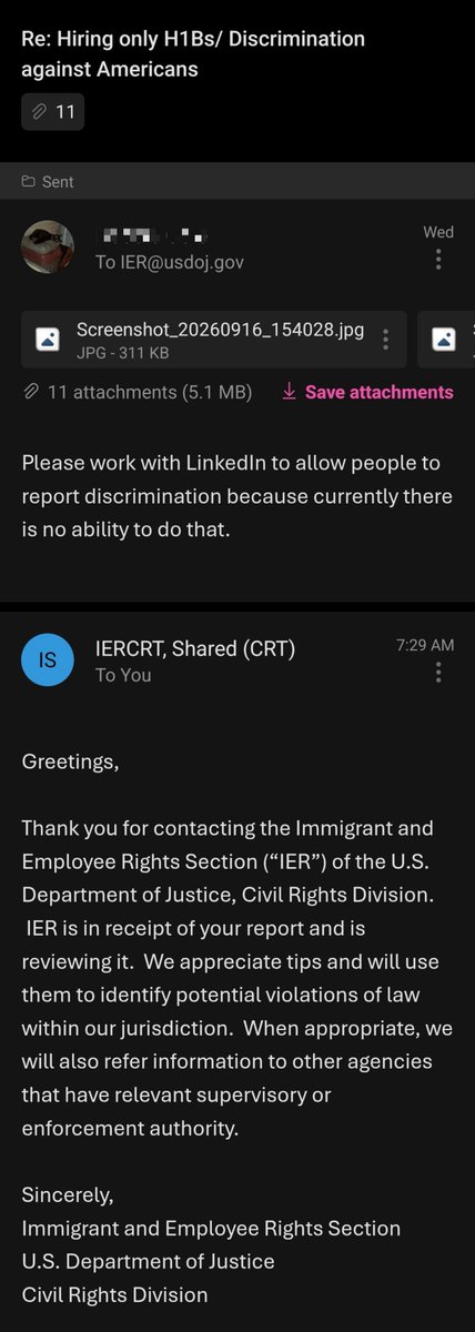 KellerRaym8123's tweet photo. Don't forget to email this agency  with images of LinkedIn accounts stating they're only hiring H1Bs. I received this 2 days later YAY!

IER@usdoj.gov https://t.co/FIyQb667Q6
