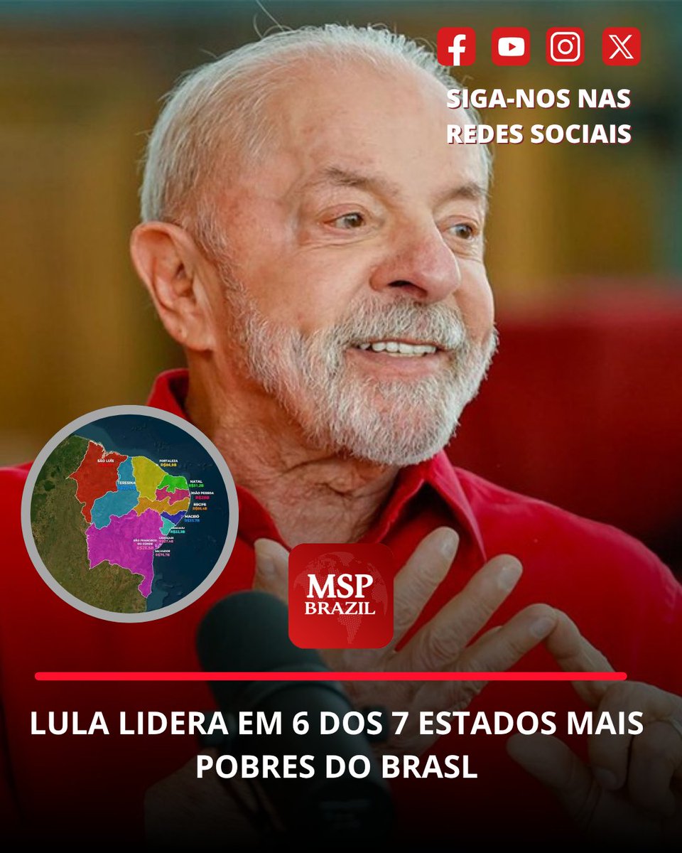 mspbra's tweet photo. 🚨 LULA LIDERA EM 6 DOS 7 ESTADOS MAIS POBRES DO BRASIL.

Dados do IMDS mostram que Acre, Maranhão, Pernambuco, Bahia, Alagoas, Piauí e Sergipe têm as maiores taxas de extrema pobreza.

Nas pesquisas mais recentes, Lula lidera em 6 deles; Flávio Bolsonaro está à frente apenas no Acre.