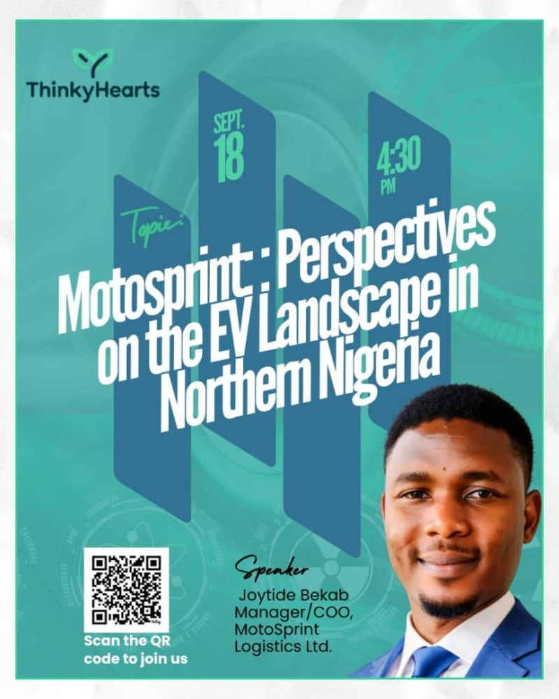ThinkyHearts's tweet photo. 📅 TODAY — Friday, 18 September 2026
⏰ 4:30 PM
📍 Online via Google Meet

🔗 JOIN:
https://t.co/a2oujO2Ebg

You can also scan the QR code on the flyer.

See you at 4:30 PM! ⚡🚘

#ThinkyHearts #ElectricVehicles #EVNigeria #ElectricMobility #CleanEnergy https://t.co/fL6PZc8d9E