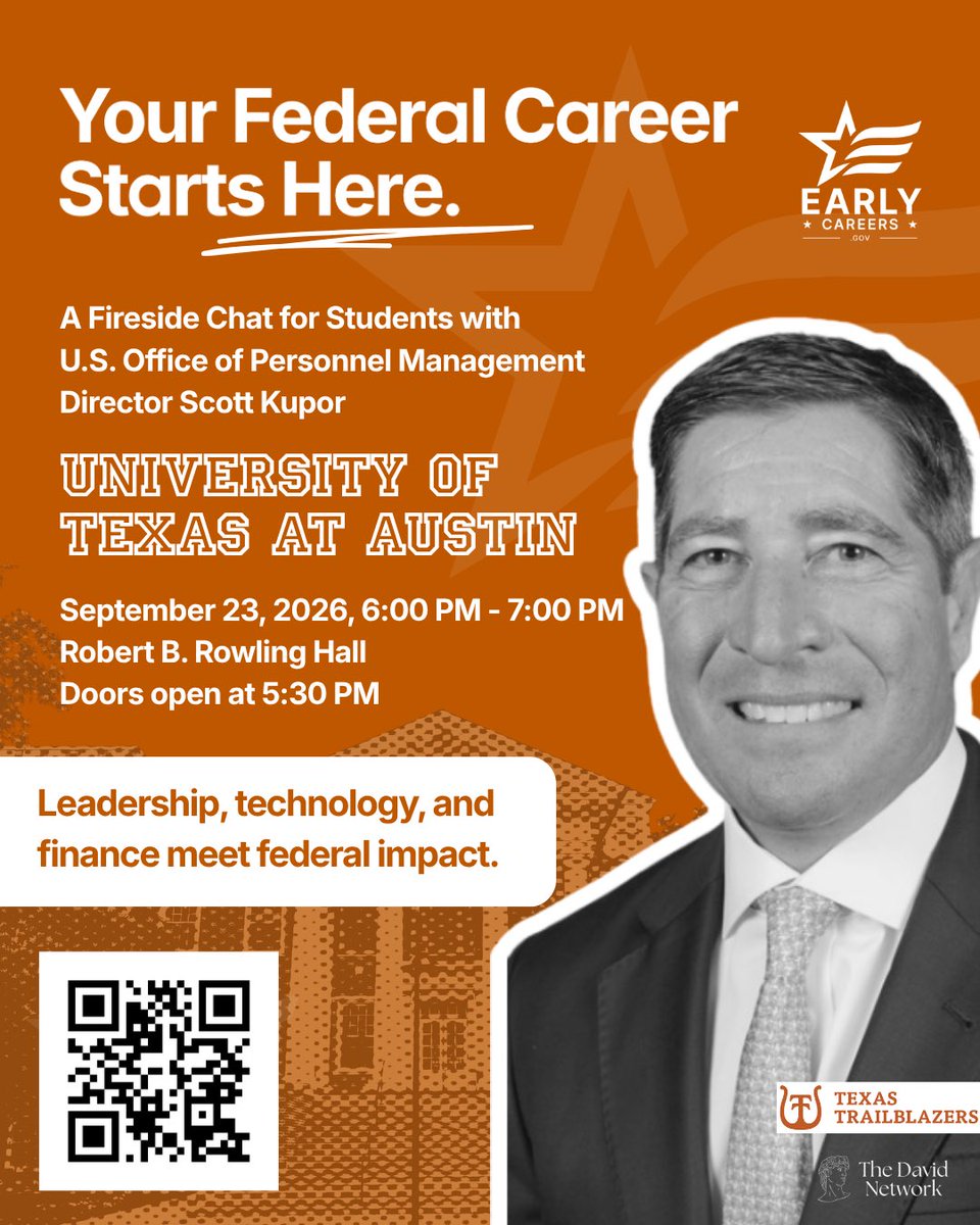 USOPM's tweet photo. Texas! https://t.co/qDsOLtSBMW may be stopping at your campus next week. Join Director @skupor and special guests for fireside chats on starting a career in the federal workforce https://t.co/70pPWAbUJV