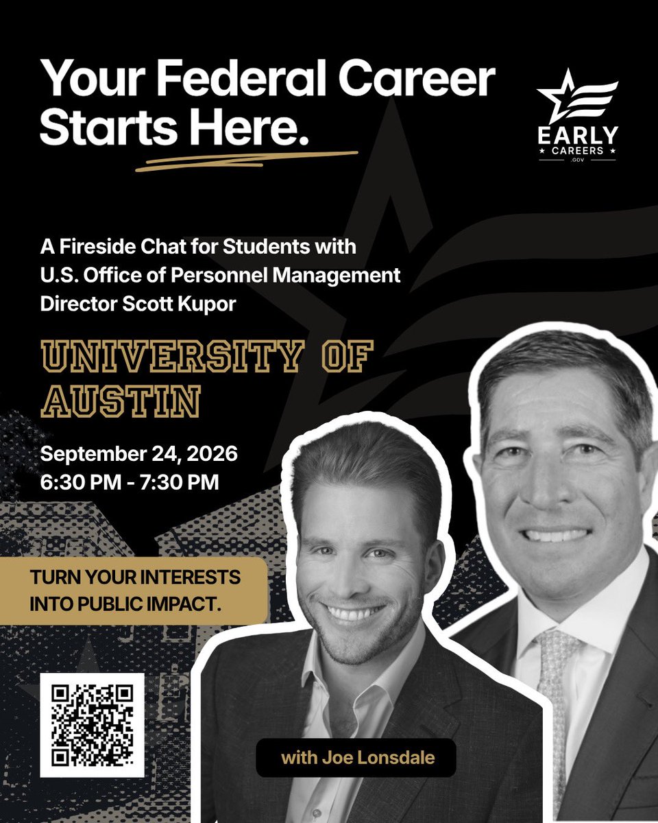 USOPM's tweet photo. Texas! https://t.co/qDsOLtSBMW may be stopping at your campus next week. Join Director @skupor and special guests for fireside chats on starting a career in the federal workforce https://t.co/70pPWAbUJV