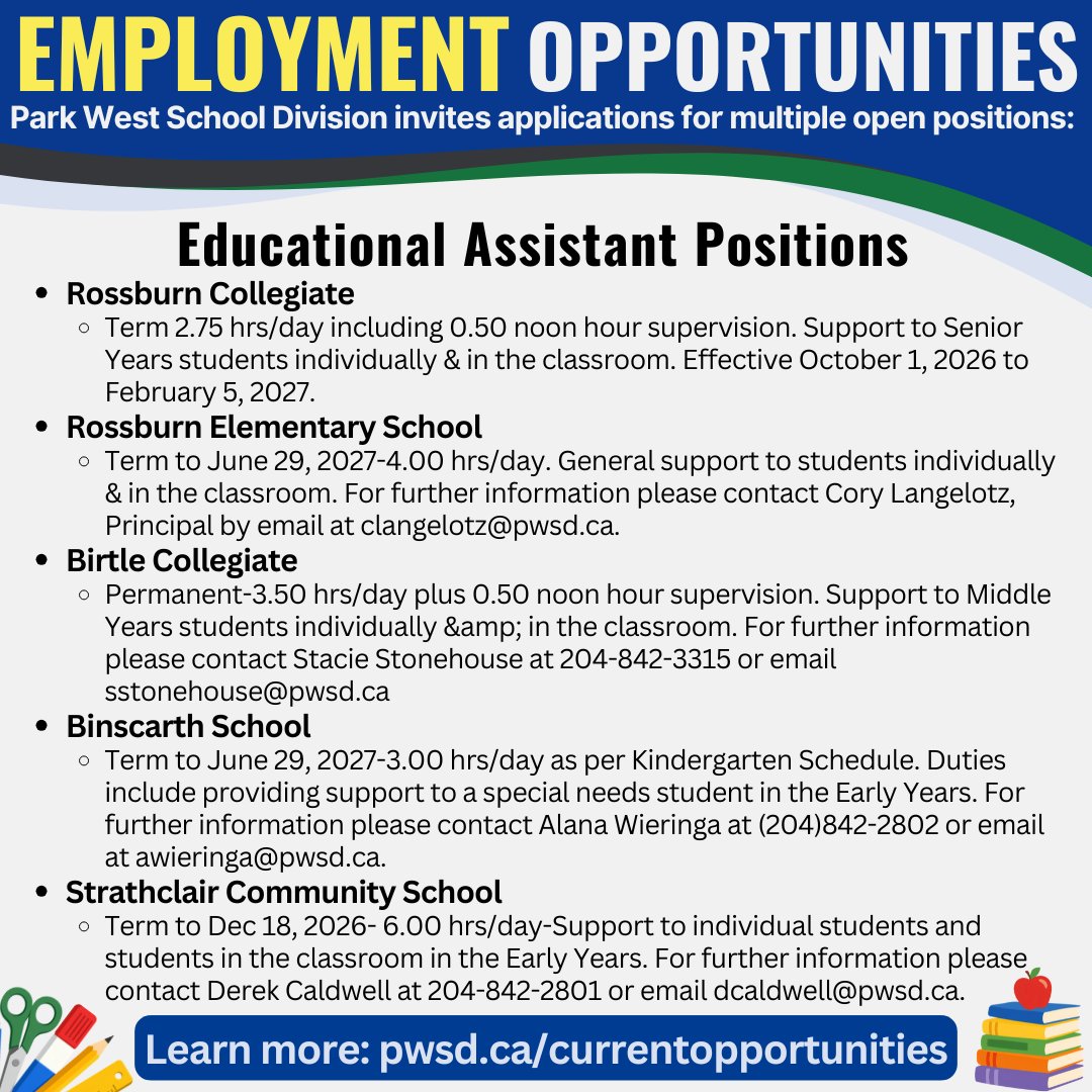 ParkWestSD's tweet photo. 📚 Your next opportunity could be in one of our schools.

Several Educational Assistant positions are currently available across PWSD.

🌐 https://t.co/hZlfhZ0rDk https://t.co/Mnj3KYnyDf