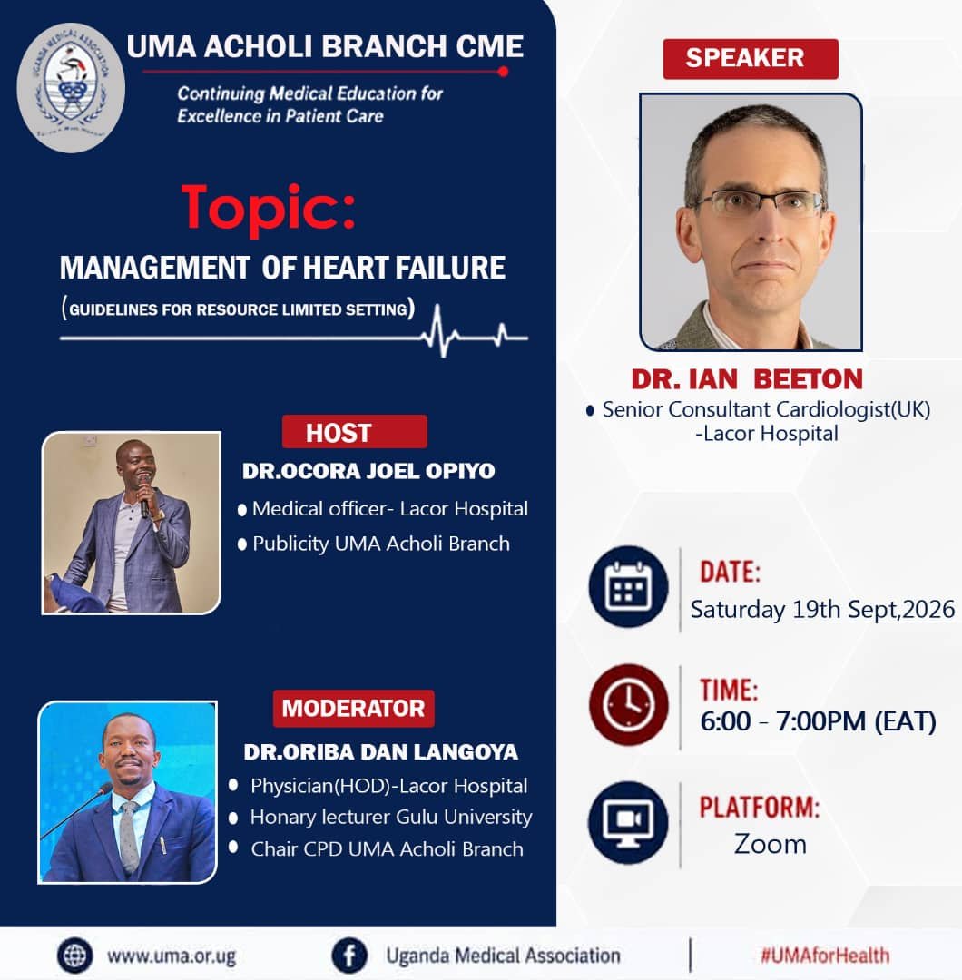 DrOribaDan's tweet photo. Colleaguess &amp; all Medical Students

UMA Acholi Branch invites you for a CPD point-awarded webinar 

Topic: Management of Heart Failure. Guidelines for resource Limited Setting

Venue: https://t.co/3WvChwlsF2

Meeting ID: 838 3811 7486
Passcode: 282626

Service with Honor https://t.co/vzAXhOxLNh
