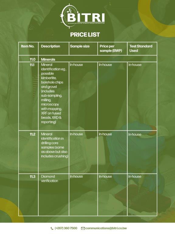 BITRI1640's tweet photo. THE BITRI CENTRE FOR MATERIAL SCIENCE TESTING SERVICES PRICE LIST
1.    Material Characterisation
2.    Material Thermal Analysis
3.    Mineral Geological Analysis
4.    Mineral Beneficiation
5.    Oil, Fuel, and Water Analysis

For enquiries or quote: communications@bitri.co.bw https://t.co/OkVEFLgY79