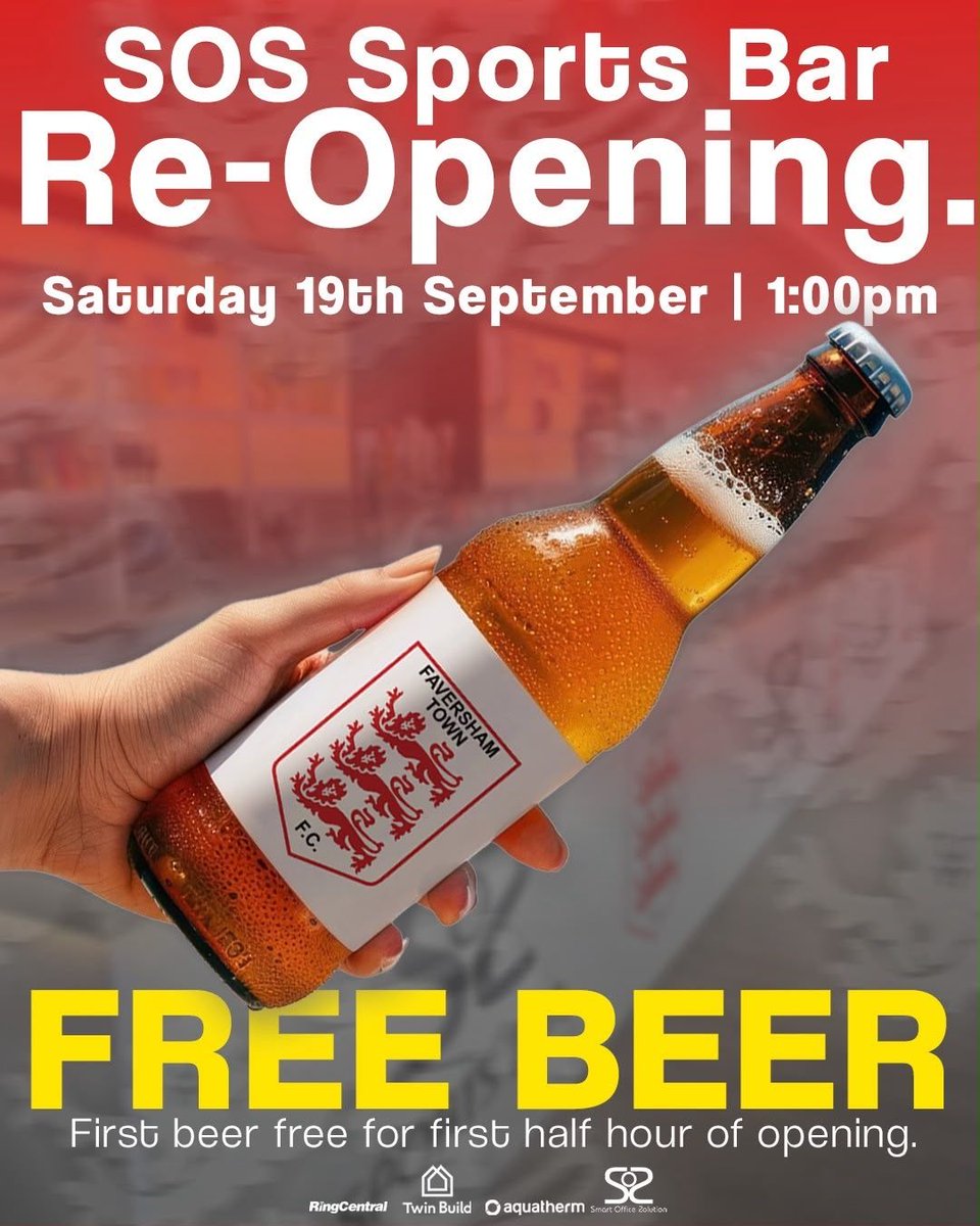 FavershamTownFC's tweet photo. 🍺 TOMORROW! | SOS SPORTS BAR GRAND OPENING 🍺

Just a reminder that tomorrow is a big one at the Aquatherm Stadium!

Before the Lilywhites take on Herne Bay FC, we’ll be celebrating the grand reopening of the SOS Sports Bar.

✂️ 1:30pm – Sid “Bullet” Medley will be cutting the ribbon
🚪 Gates open at 1:00pm
🍺 First pint FREE for the first 30 minutes!

Then it’s over to the football, with Faversham Town v Herne Bay FC kicking off at 3:00pm.

🎟️ Adults £12 | Concessions £6 | U18s £2 | U16s FREE

#UpTheLilyWhites ⚪️⚫️🦁🦁🦁