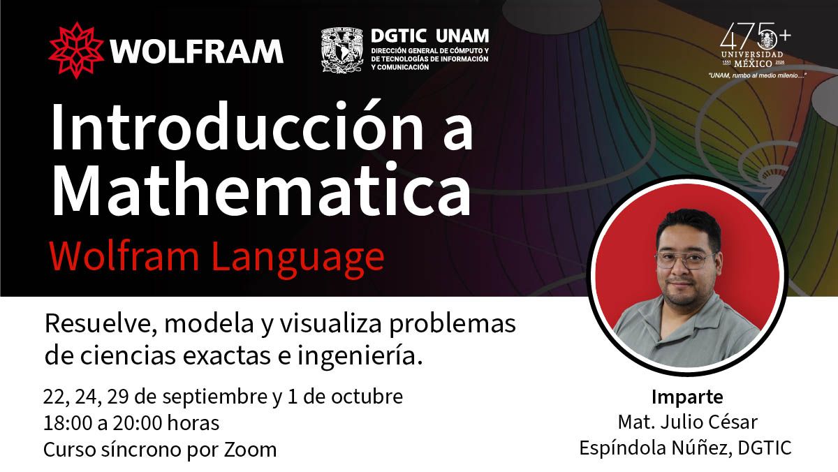 UNAMdigital's tweet photo. 💻 Explora las posibilidades de #WolframMathematica para el cálculo, la visualización y la programación.
Si eres estudiante o docente de la #UNAM en áreas de ciencias exactas e ingeniería, este curso es para ti.
Conoce los detalles y regístrate 👉 https://t.co/Nk74ZluJds https://t.co/kJVVq258K6