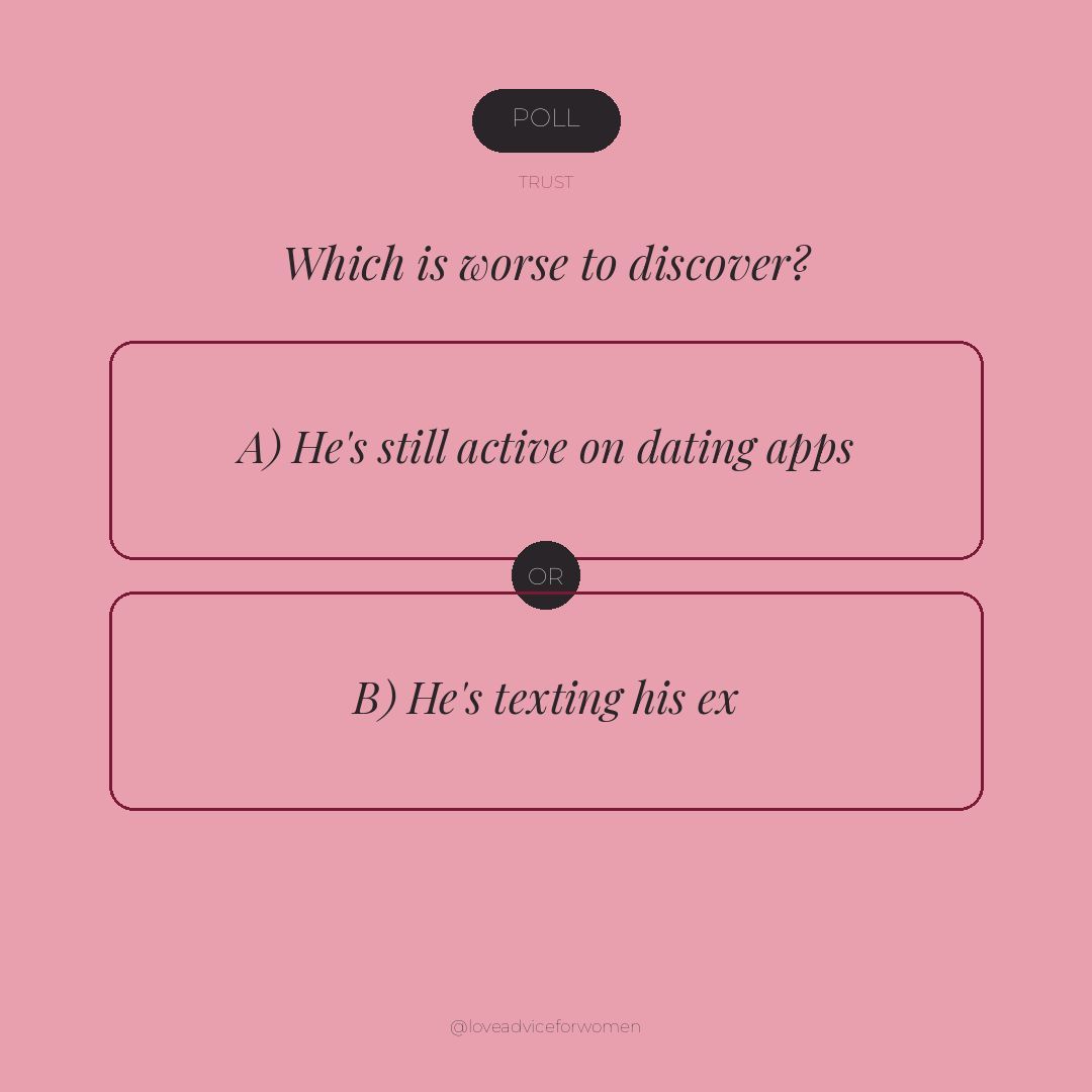 advice4women1's tweet photo. POLL: Which is worse to discover? A) He's still active on dating apps or B) He's texting his ex? Reply with your pick. #DatingPoll #RelationshipCheck https://t.co/gNXeLIfApR