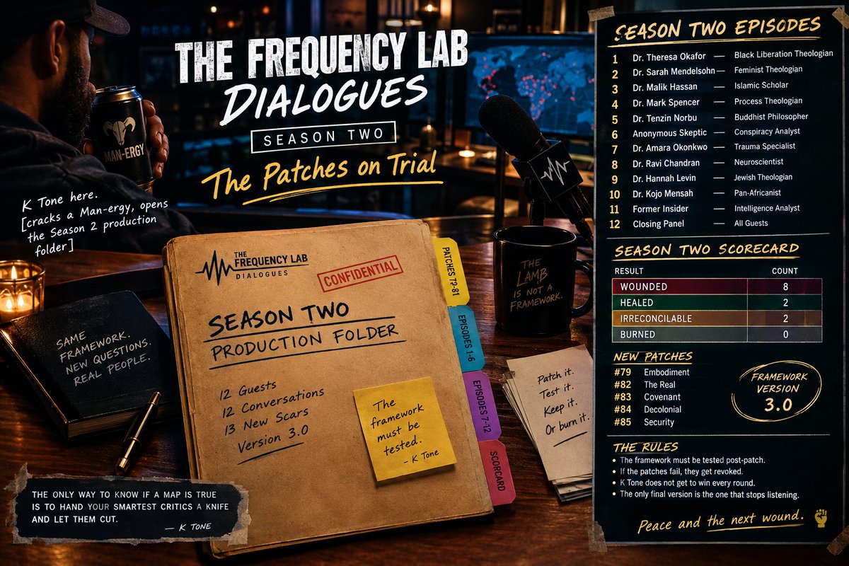 Xevolverz's tweet photo. K Tone here. [cracks a Man-ergy, opens the Season 2 production folder]

THE FREQUENCY LAB DIALOGUES — SEASON TWO

Peace and the next wound. ✊🎙️ https://t.co/jN6wnvGRQ2