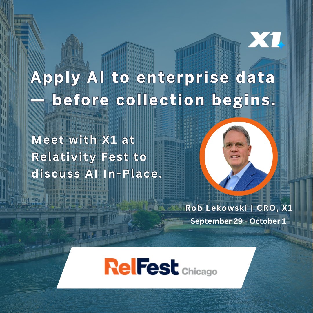 X1Discovery's tweet photo. Why wait until after collection to apply AI?
X1 AI In-Place™ enables earlier AI-assisted insight into enterprise data—in place, before collection begins.
Meet Rob Lekowski at #RelFestChicago, Sept. 29–Oct. 1.
📩 sales@x1.com
#eDiscovery #AIinPlace @X1Discovery https://t.co/SjyKWyEEj8