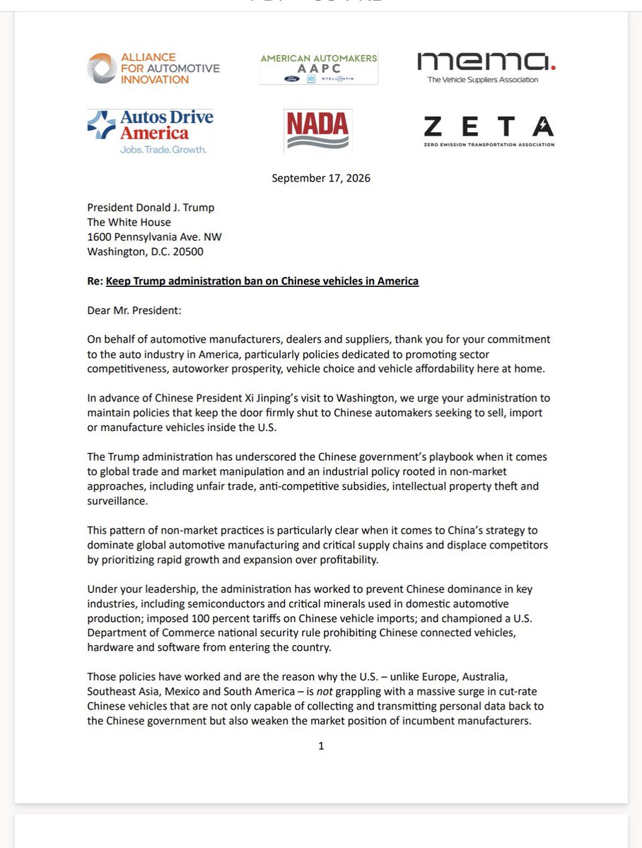 davidshepardson's tweet photo. Here is letter from auto groups to @POTUS on Chinese automakers  that was released at 11 AM https://t.co/fOb6pIGLP6
