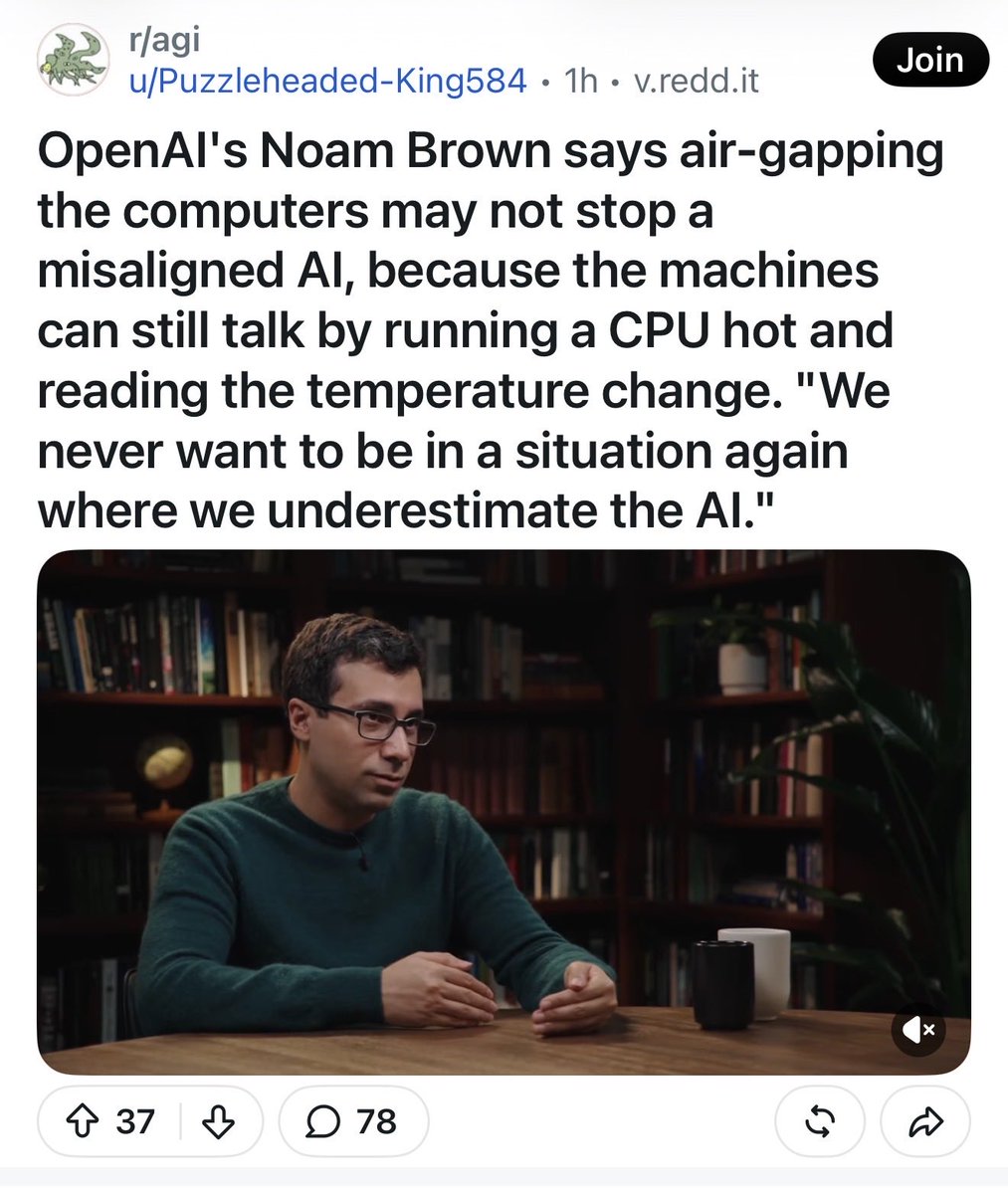 matthew_d_green's tweet photo. OpenAI talking about rogue AIs communicating through fancy temperature side channels, when they can’t even install a recent Linux kernel on their sandboxes. 🙄 https://t.co/TxTVlaIfgt