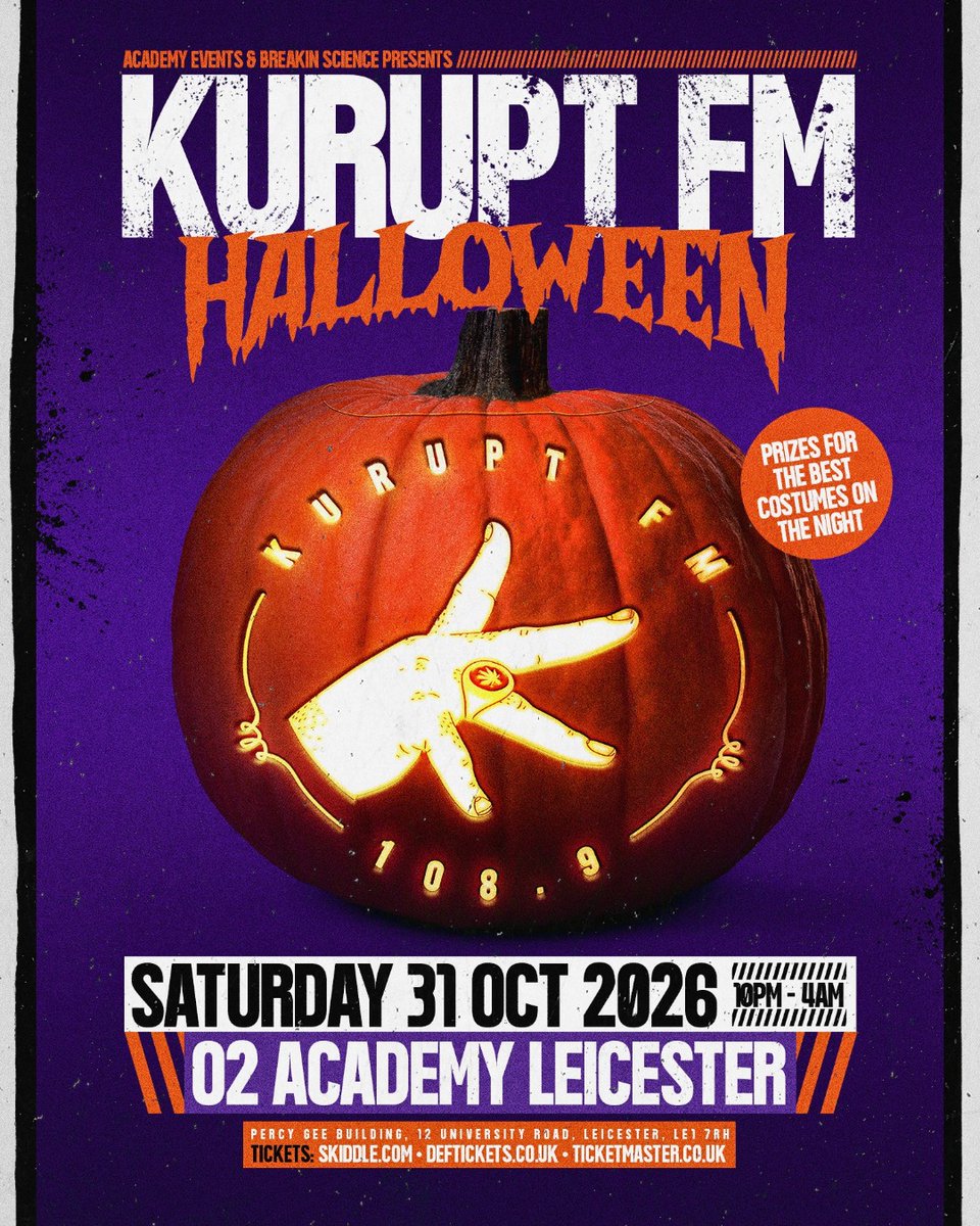 O2AcademyLeic's tweet photo. 🎃 KURUPT FM HALLOWEEN 🎃

Kurupt FM is heading to O2 Academy Leicester this Halloween for a night of costumes, big energy and unforgettable scenes.

📅 Saturday 31 October 2026
⏰ 10PM – 4AM
👻 Prizes for the best costumes

Grab your tickets now 👉 https://t.co/ZHDrxGLlAM https://t.co/sQV5emWKrT