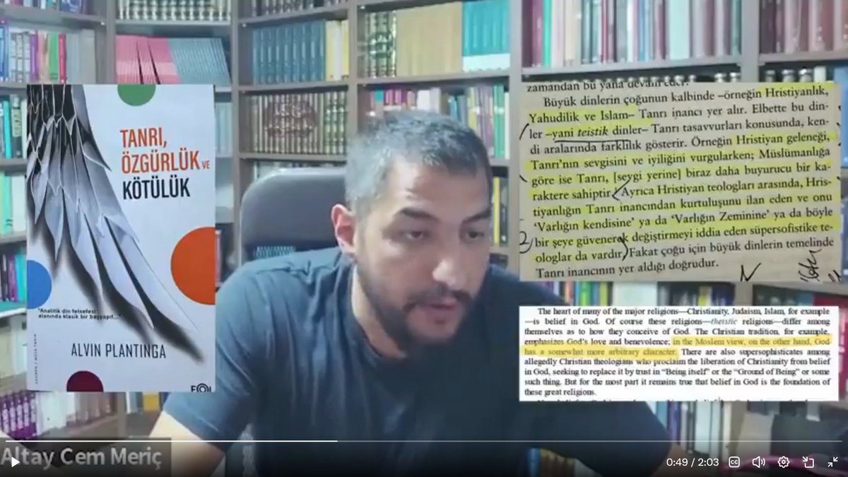 Beebop909's tweet photo. @enis_doko @AltayCemMeric Tamam da hocam adam kitabı okumuş, hatta üzerine notlar alarak videosunda paylaşmış zaten. Senin yaptığın "ama çevirindeki 1 kelime yanlış" olayı boş hocam. Plantinga iki manada da İslam Tanrısını kötülüyor. https://t.co/1A9CgINd70