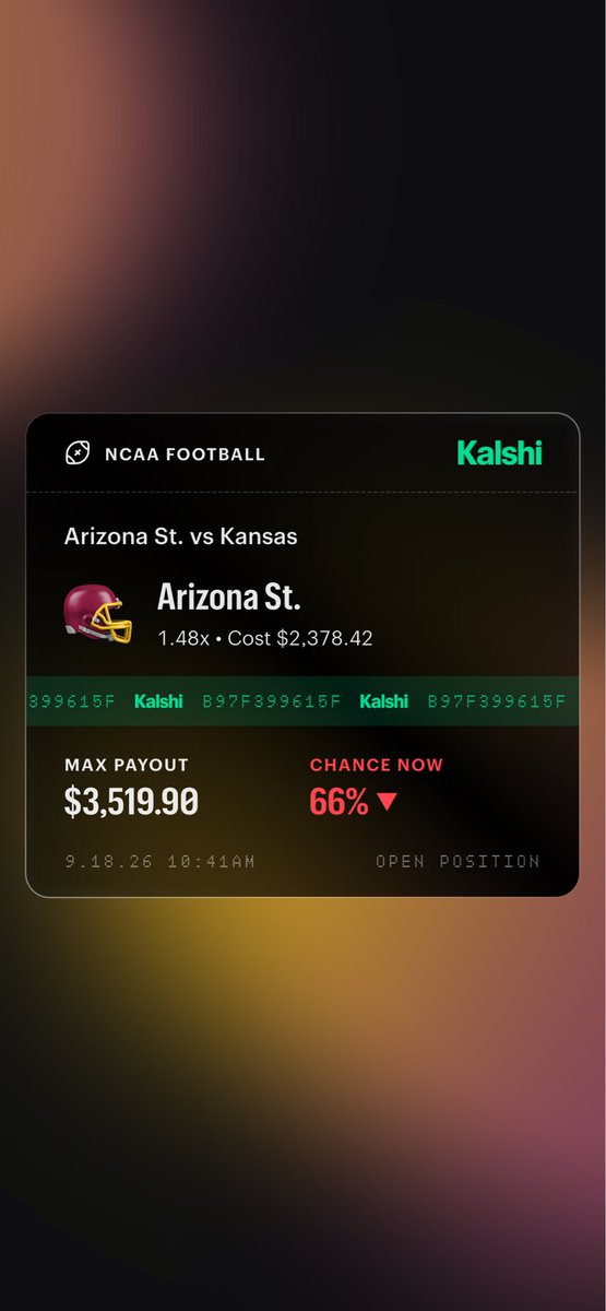 FourthAndMoney's tweet photo. The 100k Ladder Challenge has survived to week 4 and I have never felt better about a pick.

Kansas genuinely has no chance against ASU. https://t.co/rNdsYgIxtJ