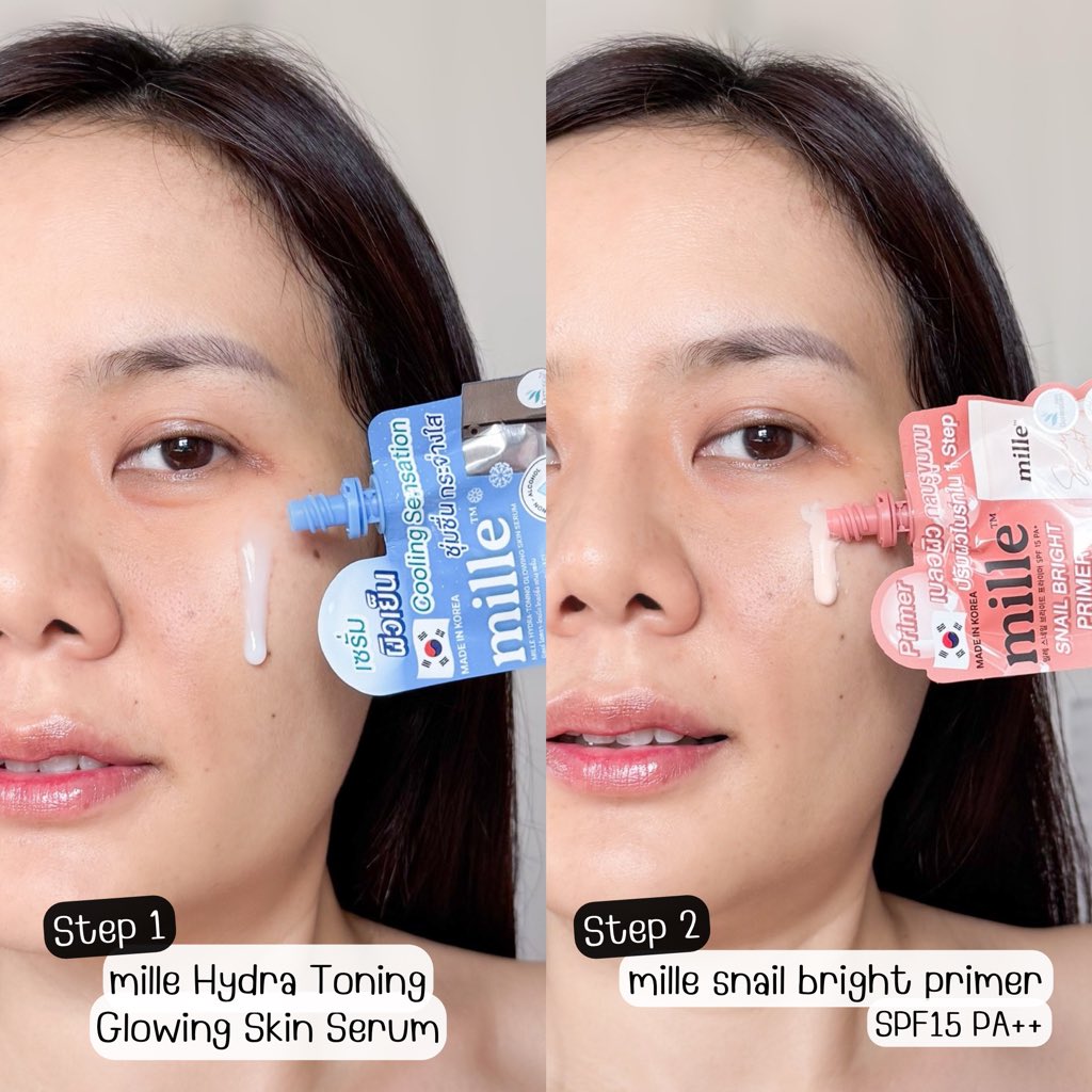 ManussananU's tweet photo. ทริคเตรียมผิวแบบ 2 Step ก่อนแต่งหน้า ต้องคู่นี้เลย

Step 1 Mille Hydra Toning Glowing Skin Serum เซรั่มเนื้อบางเบา ซึมไว
มี Niacinamide 30,000 PPM + NAD + Glutathione ช่วยดูแลผิวให้ดูกระจ่างใส แข็งแรง พร้อมคุมมัน
มี 3°C Cooling Effect ทาแล้วให้ฟีลเย็นสบาย เหมาะกับอากาศร้อน ๆ
Step 2 Mille Snail Bright Primer SPF15 PA++ ช่วยเบลอผิวให้ดูเนียน คุมมัน เมคอัพติดทน กันเหงื่อ

ใช้คู่กันแล้วผิวเรียบเนียนพร้อมแต่งหน้าต่อ เมคอัพติดผิวดีขึ้น แต่ยังรู้สึกเบาสบายผิว