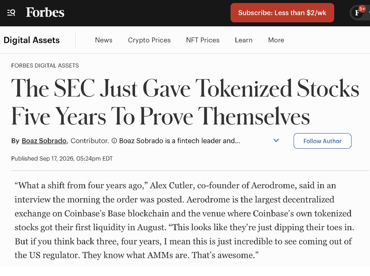 aeroxyz's tweet photo. “The train has fully left the station on tokenization.”

- @wagmiAlexander on the impact of the SEC’s new Innovation Exemption.

Full article from @Forbes 👇

https://t.co/auam6FKzo6 https://t.co/fD5cNyJoOm