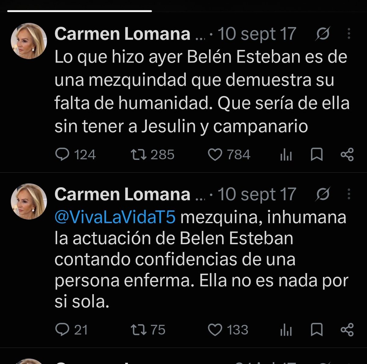 Susana_raraavis's tweet photo. @VibrasenCorte Supongo que Lomana se refiere al mismo respeto que ella regalaba a Belén Esteban en 2017🔽 https://t.co/YciKJlf5vn