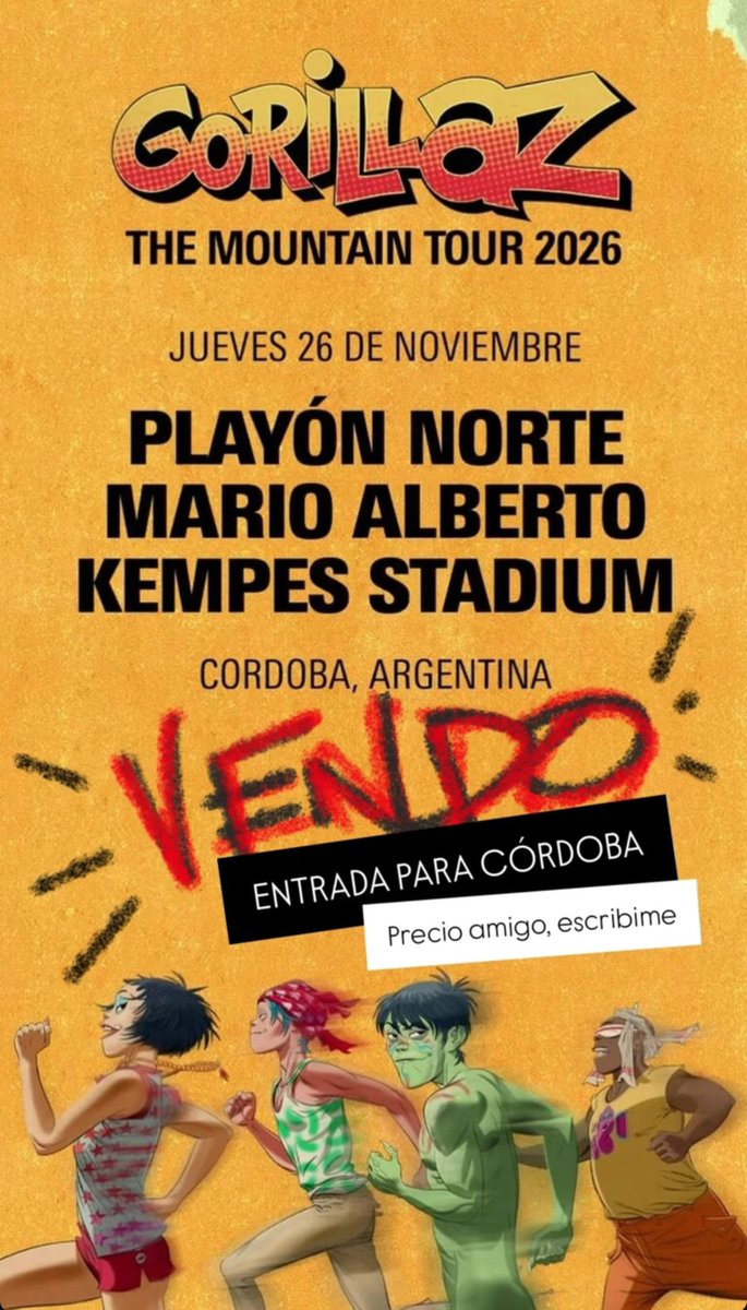 pianitso's tweet photo. Gente, vendo una entrada para ver a Gorillaz en el Estadio Kempes, Cordoba, precio amigo 🙌🏼 https://t.co/1MskVtV4sf