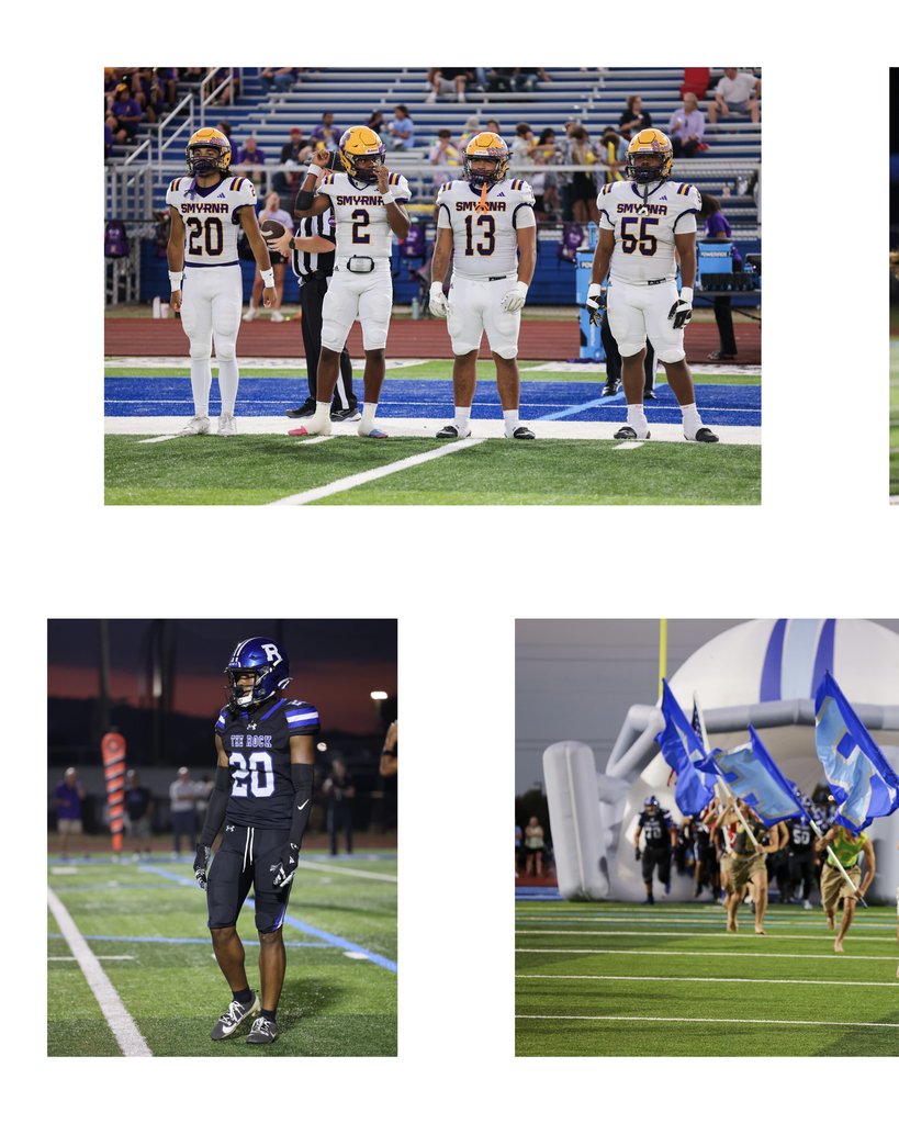 Three images of football players on a field. One image shows players lined up. Another shows a player in uniform on the field. The final image shows a player in motion.