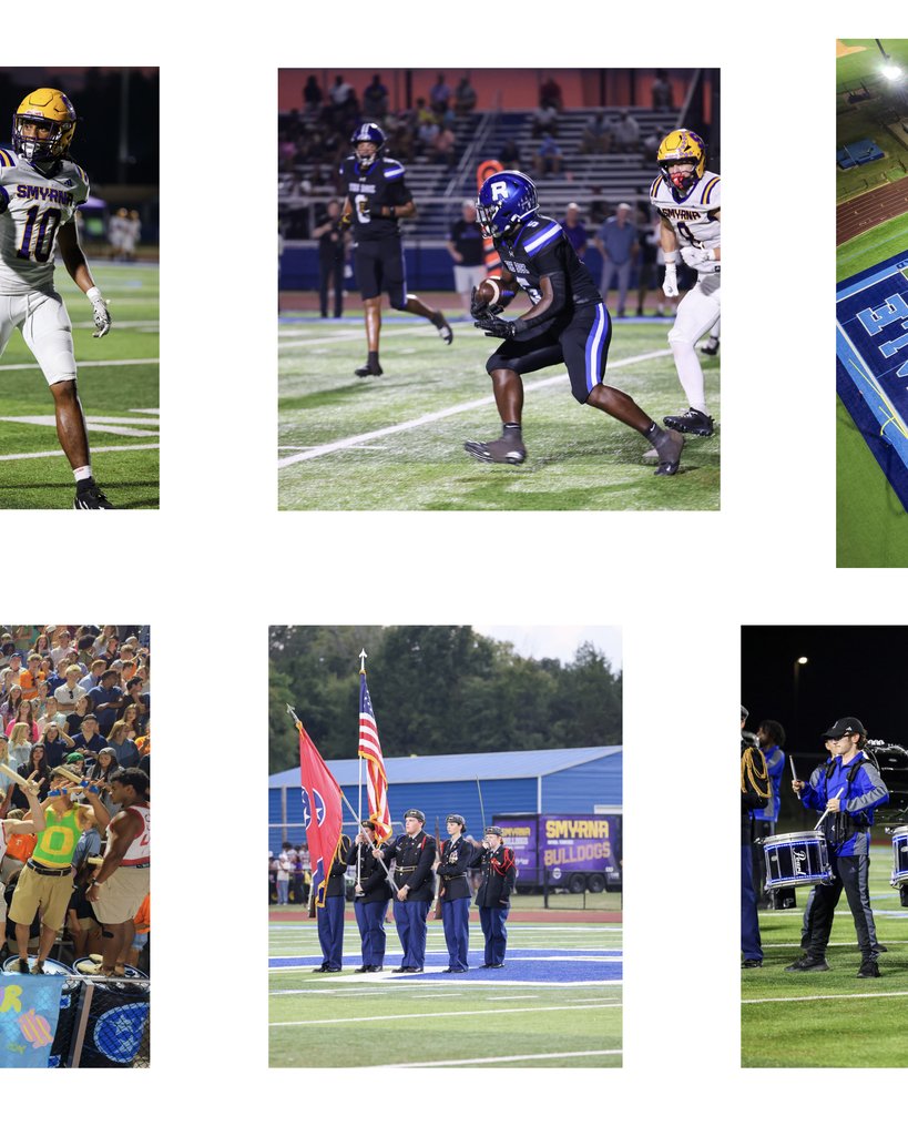 Four images of athletes in football gear, a large crowd in stands, a marching band performing, and a flag being held.