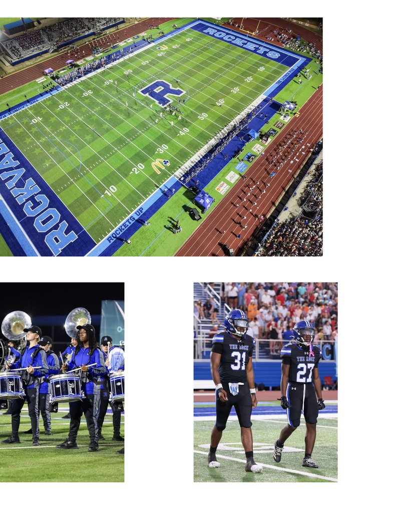 A collage of a football field, a marching band with drums, and two football players. Stadium in the background.