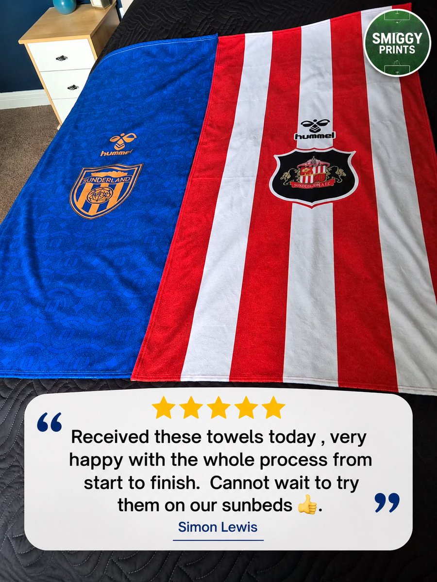 SmiggyPrints's tweet photo. Another brilliant customer review ❤️🤍

Simon sent me these photos after receiving his Sunderland towels and was really happy with the whole process from start to finish 🙌

Can’t wait to see them out on the sunbeds! ☀️🏖️

Thanks again Simon, really appreciate the support! ❤️

Sunderland towels available now — and I can do any team or custom design too! ⚽️

#SAFC #SunderlandAFC #Sunderland #SmiggyPrints #FootballTowels