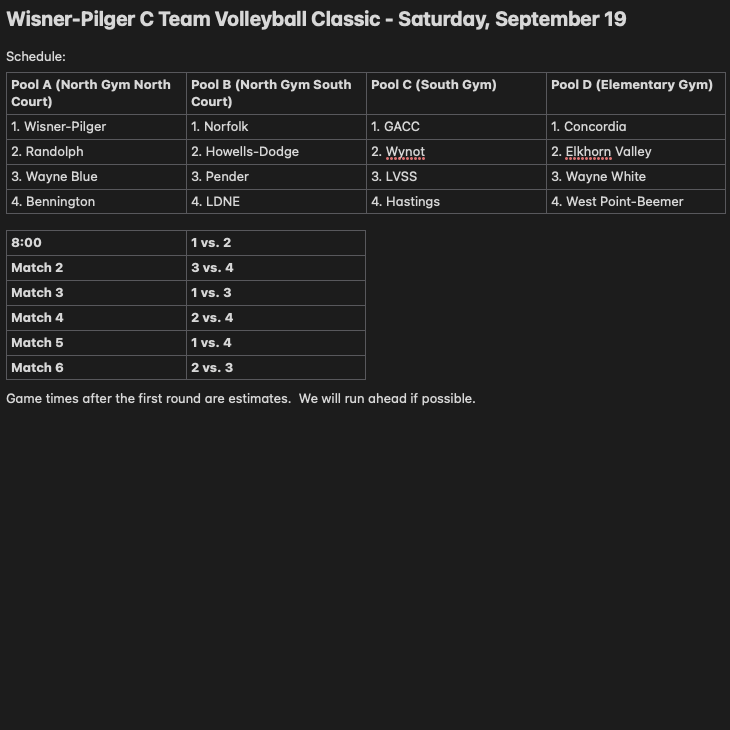 wisnerpilger's tweet photo. 🏐 C Team Volleyball Tournament
📅 Saturday, September 19
⏱️ 8:00 AM (See attached schedule)
📍Wisner-Pilger High School
🎟️ $5 Adults and Students
▶️ North Gym Only: https://t.co/xWTEwuz3Yo https://t.co/cvctS97j9o