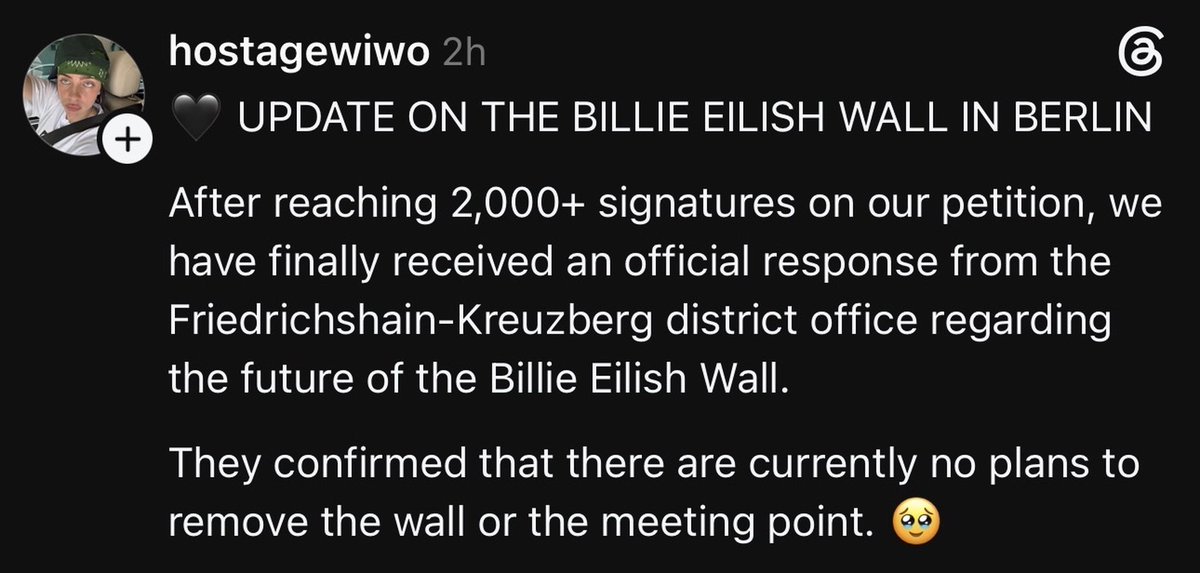 BillieSpotify_'s tweet photo. 🚨We did it!

UPDATE: After fans made a petition and got 2 thousand people to sign there's no plans to remove the Billie wall! https://t.co/fNvEO6rRFE