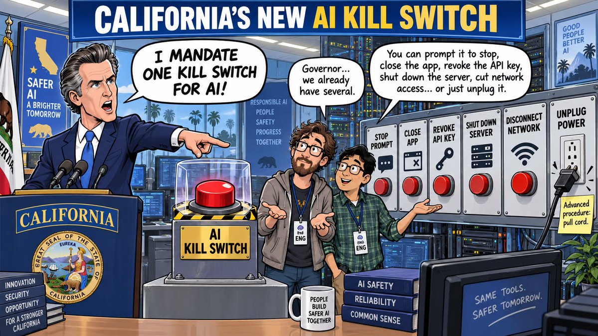 lukeNukemAI's tweet photo. Gavin Newsom wants an AI “kill switch.”

Engineers: We already have several.

Tell it to stop. Close the app. Revoke the API key. Shut down the server. Disconnect the network. Cut the electricity. Unplug the machine.

AI is software running on hardware, not an immortal monster. 😂