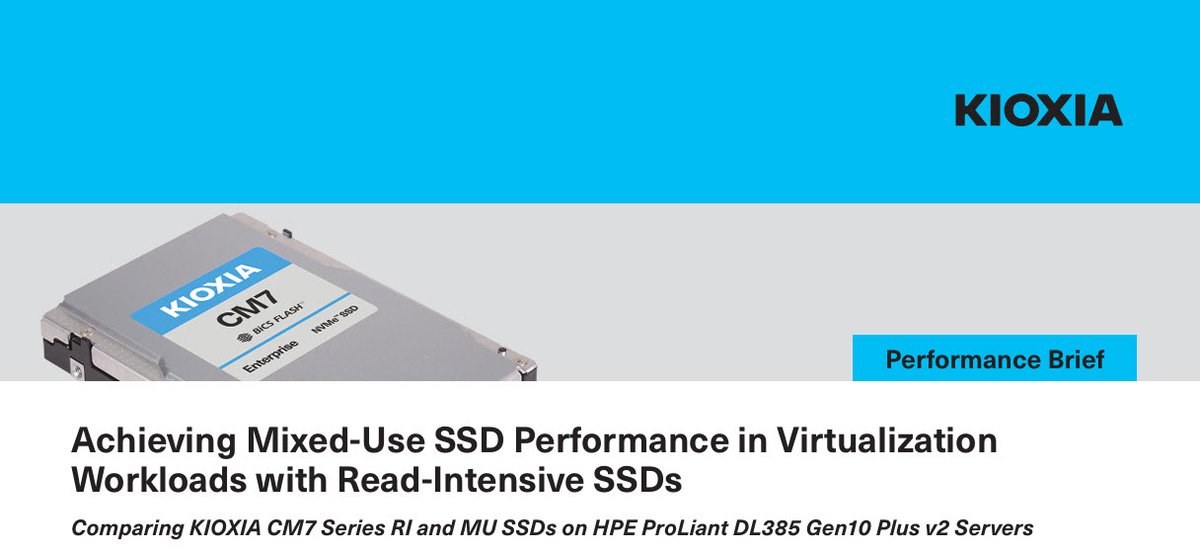 KIOXIAAmerica's tweet photo. KIOXIA Performance Brief - For many virtualization workloads, 1 DWPD read-intensive drives can provide similar performance to 3 DWPD mixed-use drives, offering higher capacities at lower costs. Check out this brief for the numbers: https://t.co/1GLc5GJOxA
#MakeItWithKIOXIA https://t.co/wffRVAHlYb