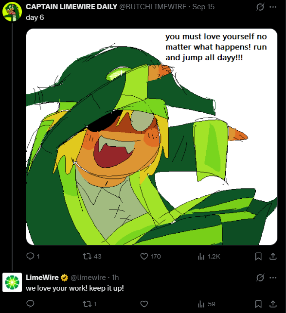 REALSTACNEWS's tweet photo. Breaking news:

LimeWire the company, knows about Captain LimeWire The character.
#pursuitcore https://t.co/0PCEhbBfoa