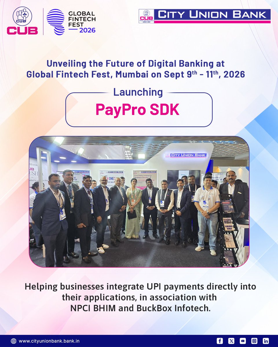 cubltd's tweet photo. City Union Bank has launched 12 technology-driven products and solutions as part of Global Fintech Fest 2026.

Taking another step towards shaping the future of banking. A proud moment as we unveil our key new digital and innovative banking solutions.

#PayProSDK 
#QuantumSafeUPISwitch 
#napIDAntiFraudGateway 
#xorkeeAuthentication 

#GFF2026 #CityUnionBank #DigitalInnovation #DigitalBanking #BankingInnovation #FinTech #GlobalFintechFestival #cubltd