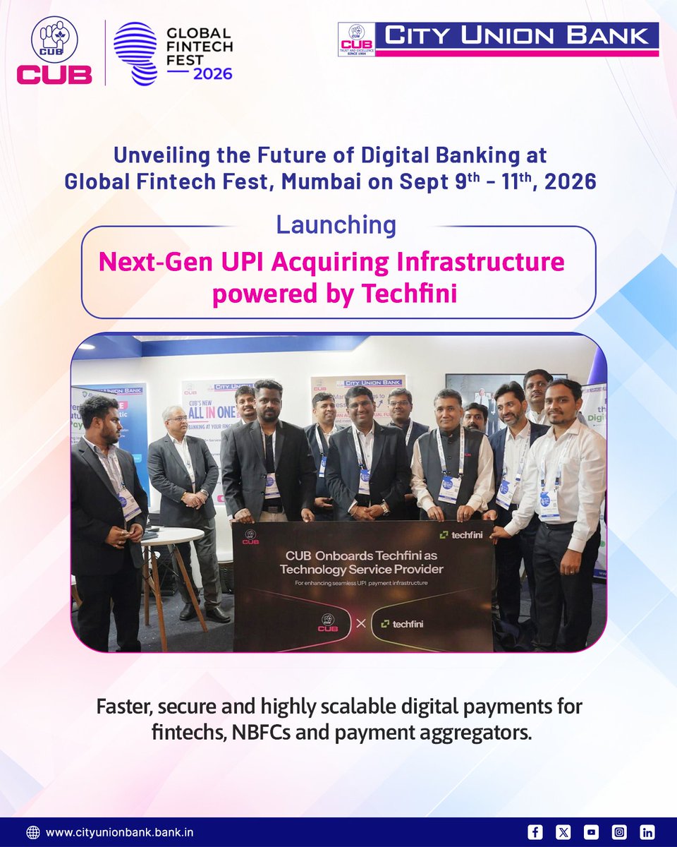 cubltd's tweet photo. City Union Bank has launched 12 technology-driven products and solutions as part of Global Fintech Fest 2026.

Taking another step towards shaping the future of banking. A proud moment as we unveil our key new digital and innovative banking solutions.

#PayProSDK 
#QuantumSafeUPISwitch 
#napIDAntiFraudGateway 
#xorkeeAuthentication 

#GFF2026 #CityUnionBank #DigitalInnovation #DigitalBanking #BankingInnovation #FinTech #GlobalFintechFestival #cubltd