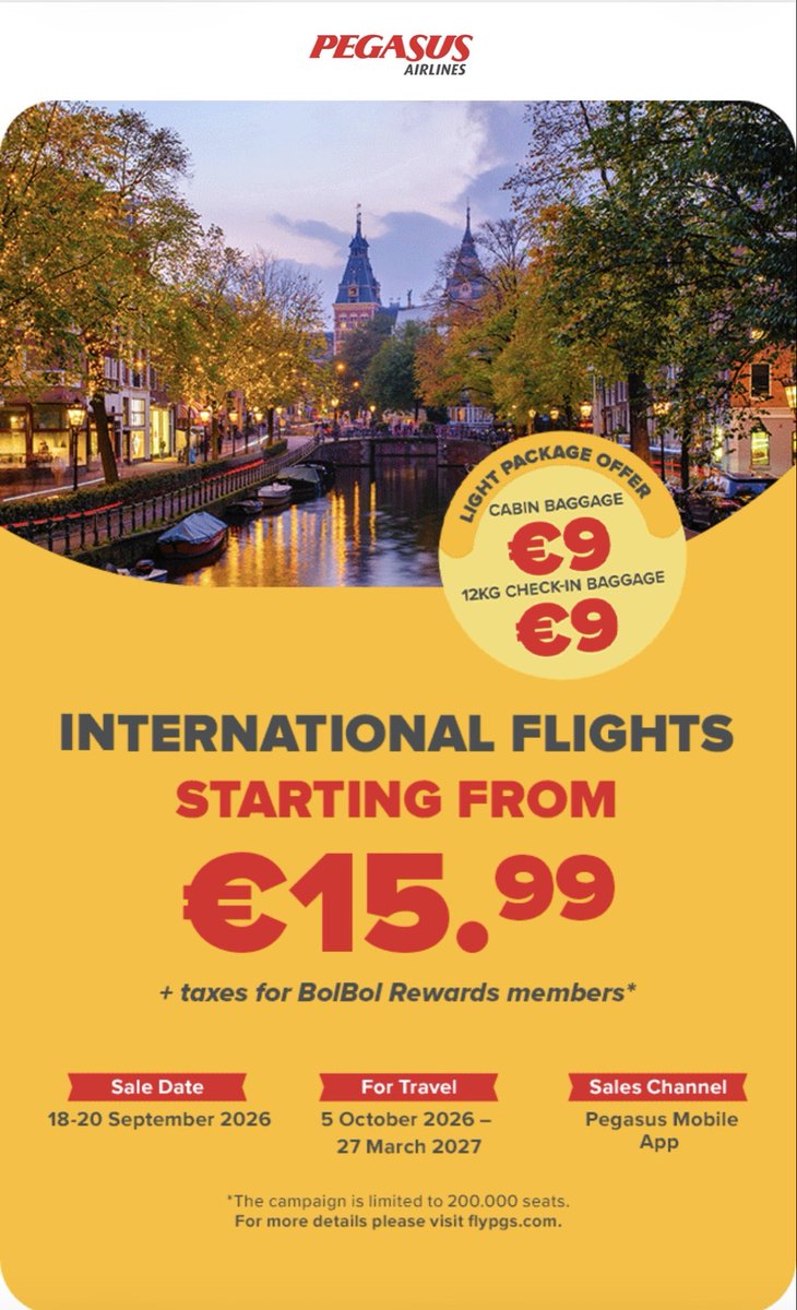 eng_safarahmed's tweet photo. 🔥 عرض بطل من #بيغاسوس للمسافرين من السعودية ✈️🇸🇦

رحلات دولية مختارة تبدأ من 15.99€ + الضرائب لأعضاء BolBol.

📍 من الرياض والدمام إلى إسطنبول صبيحة، ومنها وجهات أوروبية وآسيوية مشمولة بالحملة.

📅 الحجز: 18–20 سبتمبر 2026
✈️ السفر: 5 أكتوبر 2026–27 مارس 2027
📱 شرط الحجز عبر تطبيق Pegasus فقط
💺 200 ألف مقعد

🧳 مقصورة €9 أو شحن 12 كجم €9
⚠️ سعر 15.99€ هو سعر بداية للرحلات المشمولة، وليس بالضرورة سعر الرحلة كاملة من السعودية إلى أوروبا 

#عروض_الطيران #سفر_ذكي