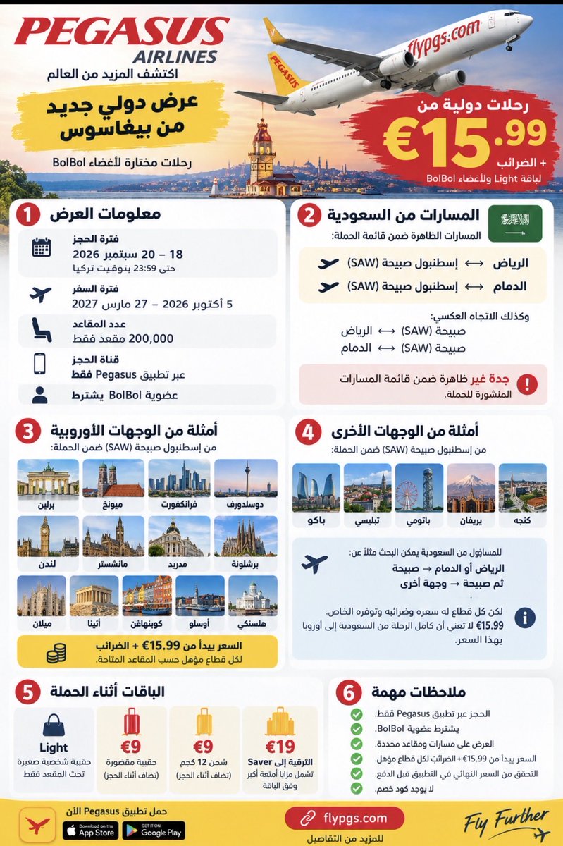 eng_safarahmed's tweet photo. 🔥 عرض بطل من #بيغاسوس للمسافرين من السعودية ✈️🇸🇦

رحلات دولية مختارة تبدأ من 15.99€ + الضرائب لأعضاء BolBol.

📍 من الرياض والدمام إلى إسطنبول صبيحة، ومنها وجهات أوروبية وآسيوية مشمولة بالحملة.

📅 الحجز: 18–20 سبتمبر 2026
✈️ السفر: 5 أكتوبر 2026–27 مارس 2027
📱 شرط الحجز عبر تطبيق Pegasus فقط
💺 200 ألف مقعد

🧳 مقصورة €9 أو شحن 12 كجم €9
⚠️ سعر 15.99€ هو سعر بداية للرحلات المشمولة، وليس بالضرورة سعر الرحلة كاملة من السعودية إلى أوروبا 

#عروض_الطيران #سفر_ذكي
