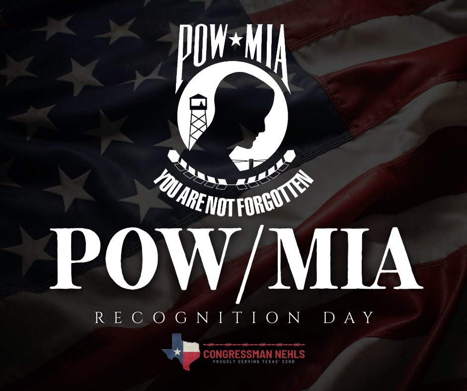 A commemorative graphic for POW/MIA Recognition Day, with a folded American flag in the background and a white POW/MIA emblem and large lettering in the foreground. A small congressional office logo appears at the bottom.