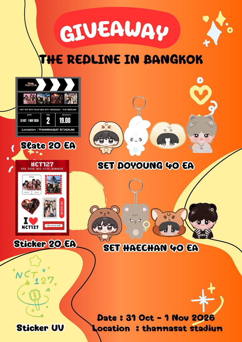 M_mindoo's tweet photo. ✨ giveaway for คอนน้าเลข

✨   Nct 127 20ชิ้น/วัน
🐰   Set Doyoung  20ชิ้น/วัน
🐻   Set Haechan  20ชิ้น/วัน

🚪: Thammasat stadium 
🗓️: 31 Oct -1 Nov. 2026

💚🖤💚🖤

#THE_REDLINE_BANGKOK 
#NCT127_5TH_NEOCITY_THE_REDLINE
#NCT127_5TH_NEOCITY_BANGKOK_THE_REDLINE https://t.co/gmef46p2YP