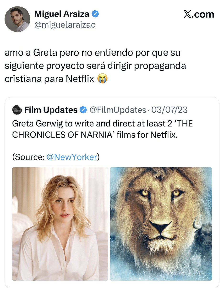 jeancarlopmag's tweet photo. Los progres saben MUY BIEN que Narnia es una obra cristiana y le llamaban propaganda Cristiana cuando se dio a conocer que Greta Gerwig iba a destrozar la obra de Lewis. Ahora están felices porque, en efecto, Greta confirmó que ya la está destrozando. 

No quieren nuevas adaptaciones, quieren destrozar el cristianismo.