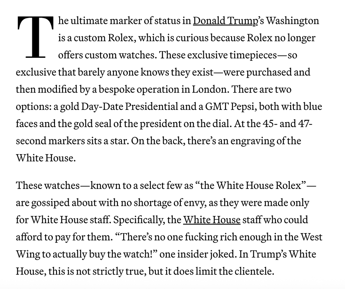 aidnmclaughlin's tweet photo. New: The White House Rolex, owned quietly by select Trump staffers and cabinet members with enough clout and cash to afford the custom watch—Steve Witkoff and Susie Wiles among them—is one of the most coveted status symbols in Trump’s Washington https://t.co/s3iYFImrdi https://t.co/9FjFIMMSzj