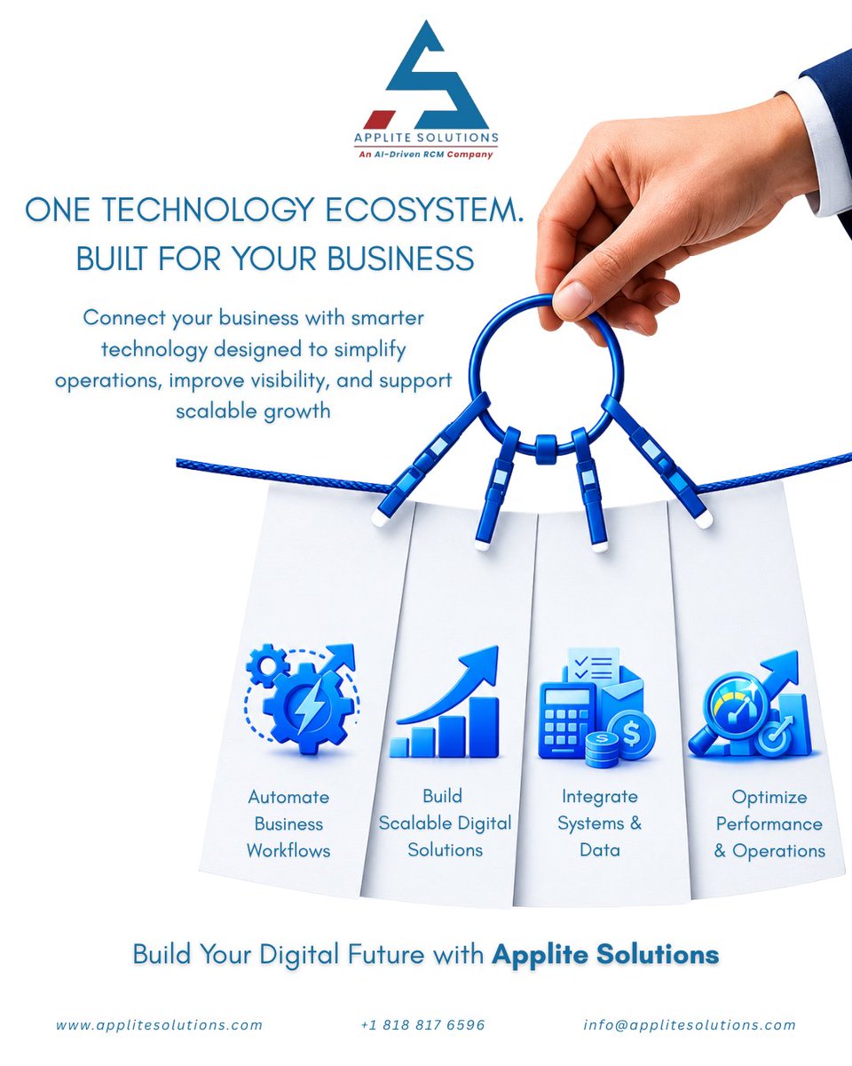 Applite_LLC's tweet photo. One business. One connected technology ecosystem.
From automating workflows to integrating systems and optimizing operations, the right technology should work together, not in silos.
Build smarter. Scale faster. Operate better.
Applite Solutions
#DigitalTransformation https://t.co/KRBD2trmq5