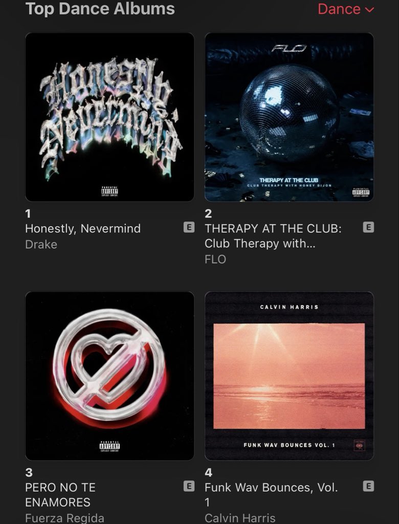 chartdrake's tweet photo. .@Drake’s “Honestly, Nevermind” is the #1 album on the US Apple Music Top Dance Albums chart. https://t.co/D20kGw9ujV