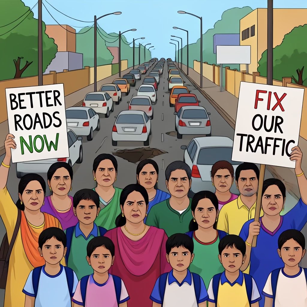 RamSNarayan's tweet photo. Day 78: The crisis in Varthur-Gunjur is now impacting our children. School buses are taking 2 hours to cover just 2km due to the horrific state of SH-35 and the Gunjur CDP road cutoff. Parents are protesting, and thousands have signed petitions. When will authorities act? 1/2 https://t.co/Tu9pY921ye