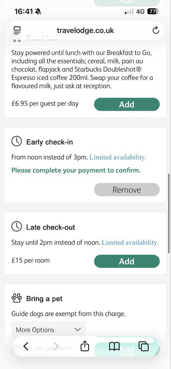emily_hindley's tweet photo. @TravelodgeUK Trying to add an early check in to my booking but there’s no payment button? Help please! https://t.co/Yj6mll2sbD