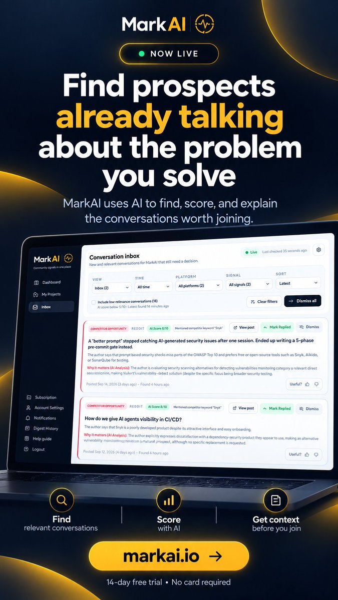 daudmalik06's tweet photo. @lightsilver323 MarkAI uses AI to help you find qualified prospects already talking about the problem you solve across Reddit, Hacker News, GitHub, and other communities.

https://t.co/kfYU4YlxhR https://t.co/dtWR0WEO5W