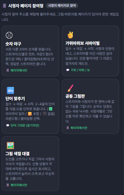 bbangddeockbot's tweet photo. 시청자 게임이 리뉴얼 및 업데이트 되었습니다.

채팅 참여형과 시청자페이지 참여형 으로 구분되어 있고,

재미있을 것 같은 다양한 게임을 추가했습니다.

유틸리티>시청자 게임 에서 확인 가능합니다.

https://t.co/gYIe7UHXnB https://t.co/Js2GW66gGH