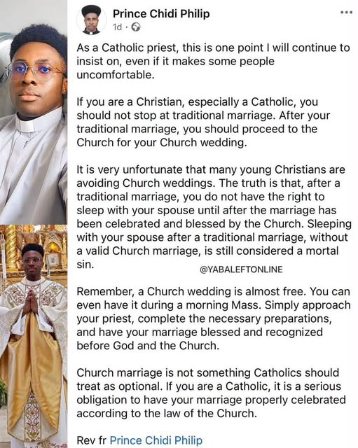 yabaleftonline's tweet photo. "Sleeping with your spouse after a traditional marriage, without a valid Church marriage, is still considered a mortal sin" - Catholic priest. https://t.co/BqNTerMteI