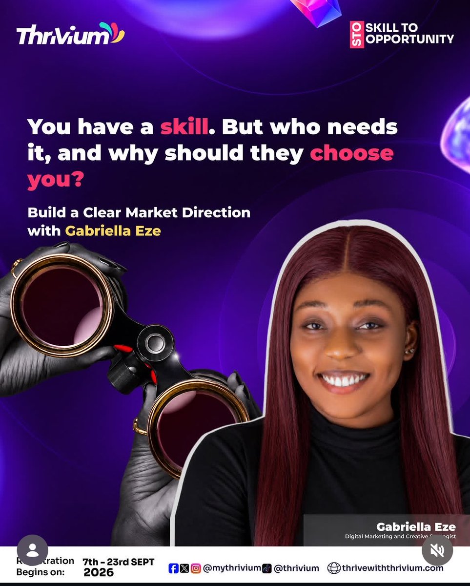 MyThrivium's tweet photo. You have the skill. But do you know who needs it, what problem it solves, and how to turn it into an opportunity?
That’s what Market Clarity Week inside STO is built for.
Join STO for ₦9,999. Registration closes Sept 23.
#Thrivium #SkillsToOpportunity #CareerGrowth #STO https://t.co/tOrU6kxHsL
