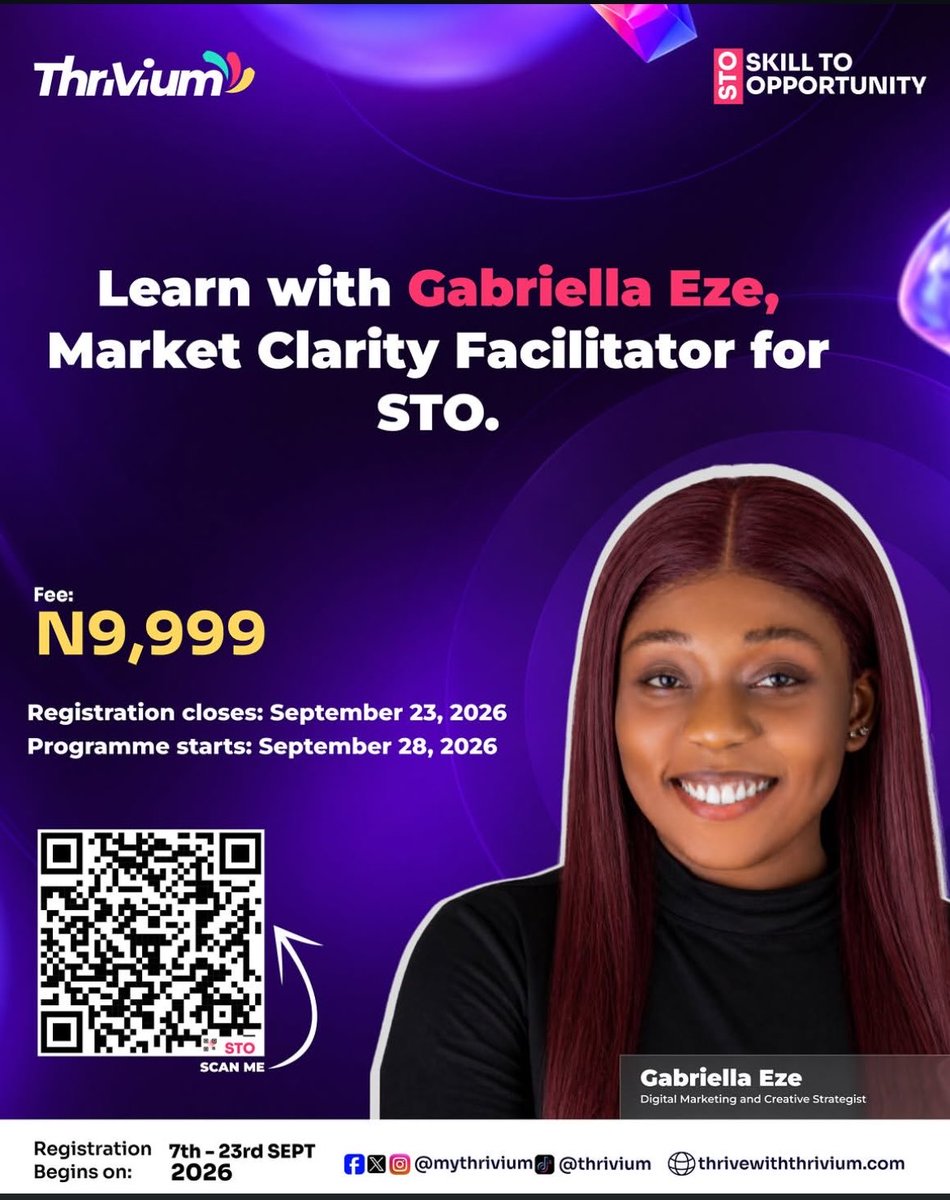 MyThrivium's tweet photo. You have the skill. But do you know who needs it, what problem it solves, and how to turn it into an opportunity?
That’s what Market Clarity Week inside STO is built for.
Join STO for ₦9,999. Registration closes Sept 23.
#Thrivium #SkillsToOpportunity #CareerGrowth #STO https://t.co/tOrU6kxHsL