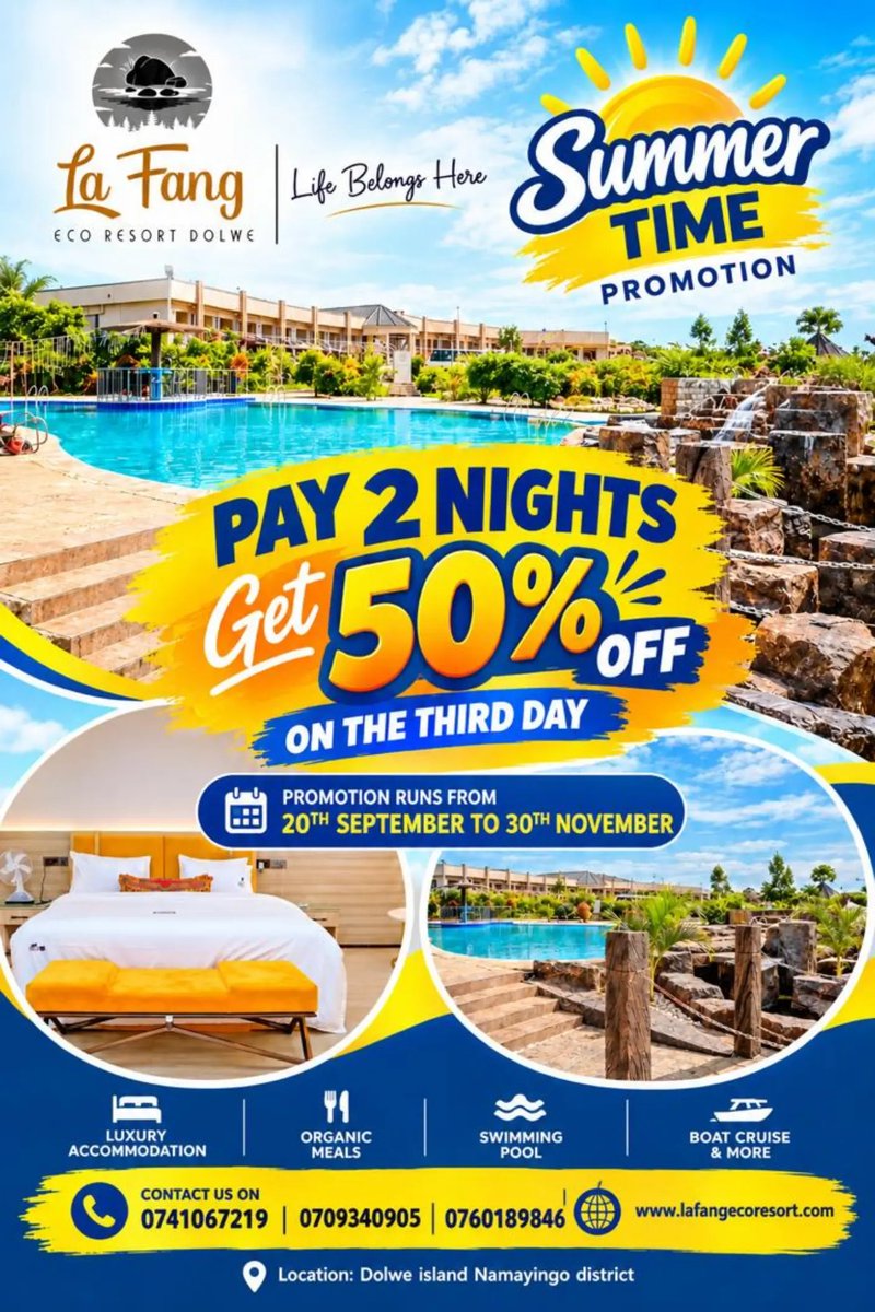dolweisland's tweet photo. Work hard—then let your body fly. ✨
This Independence holiday in October &amp; beyond, treat your family to La Fang Eco Resort, Dolwe.
Book 2 nights, get the 3rd at 50% OFF.
Escape. Unwind. Make memories.
Rooms are limited—book now.
#LafangeCoreResort #DiscoverDolwe #ExploreUganda https://t.co/qIJ6938x0u